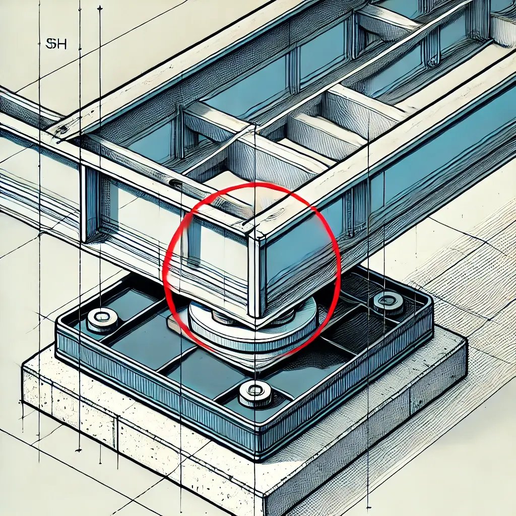 DALL·E 2024-11-08 13.32.18 - A simplified technical illustration showing a close-up of a structural metal beam supported by an anti-vibration pad on a concrete surface. The beam i