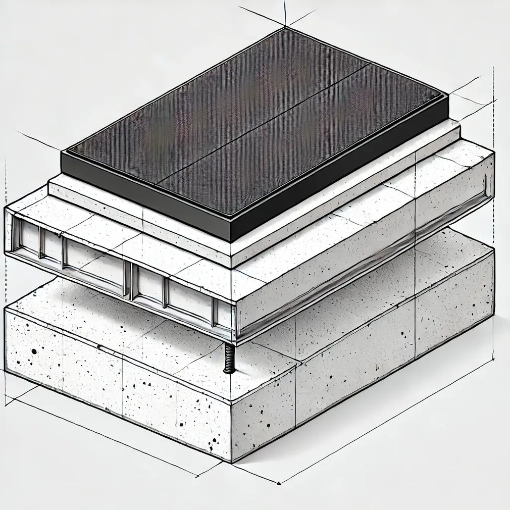 DALL·E 2024-11-08 13.34.05 - A detailed technical illustration of a concrete structure supported by a rectangular black anti-vibration pad, without any text or labels. The concret